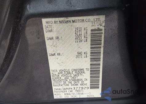 2015 Nissan Altima 2.5 Sl z USA, uszkodzony, nr VIN 1N4AL3APXFN377929